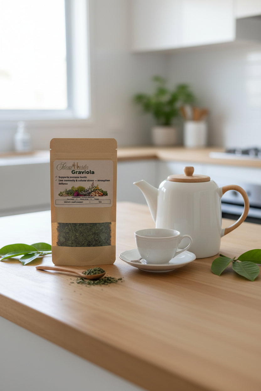 Herbal tea package labeled 'Graviola' on a wooden surface.