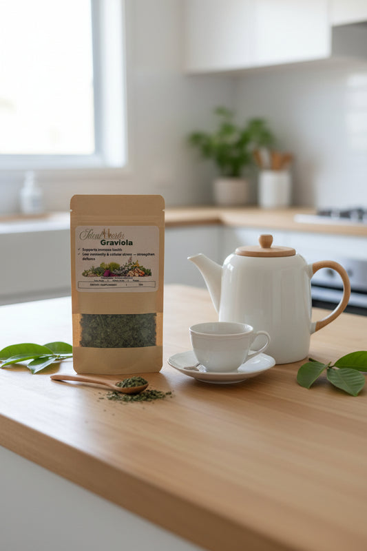 Herbal tea package labeled 'Graviola' on a wooden surface.